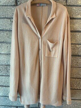 FP Beach Striped Button-Down Long-Sleeve Shirt Large Beige & White